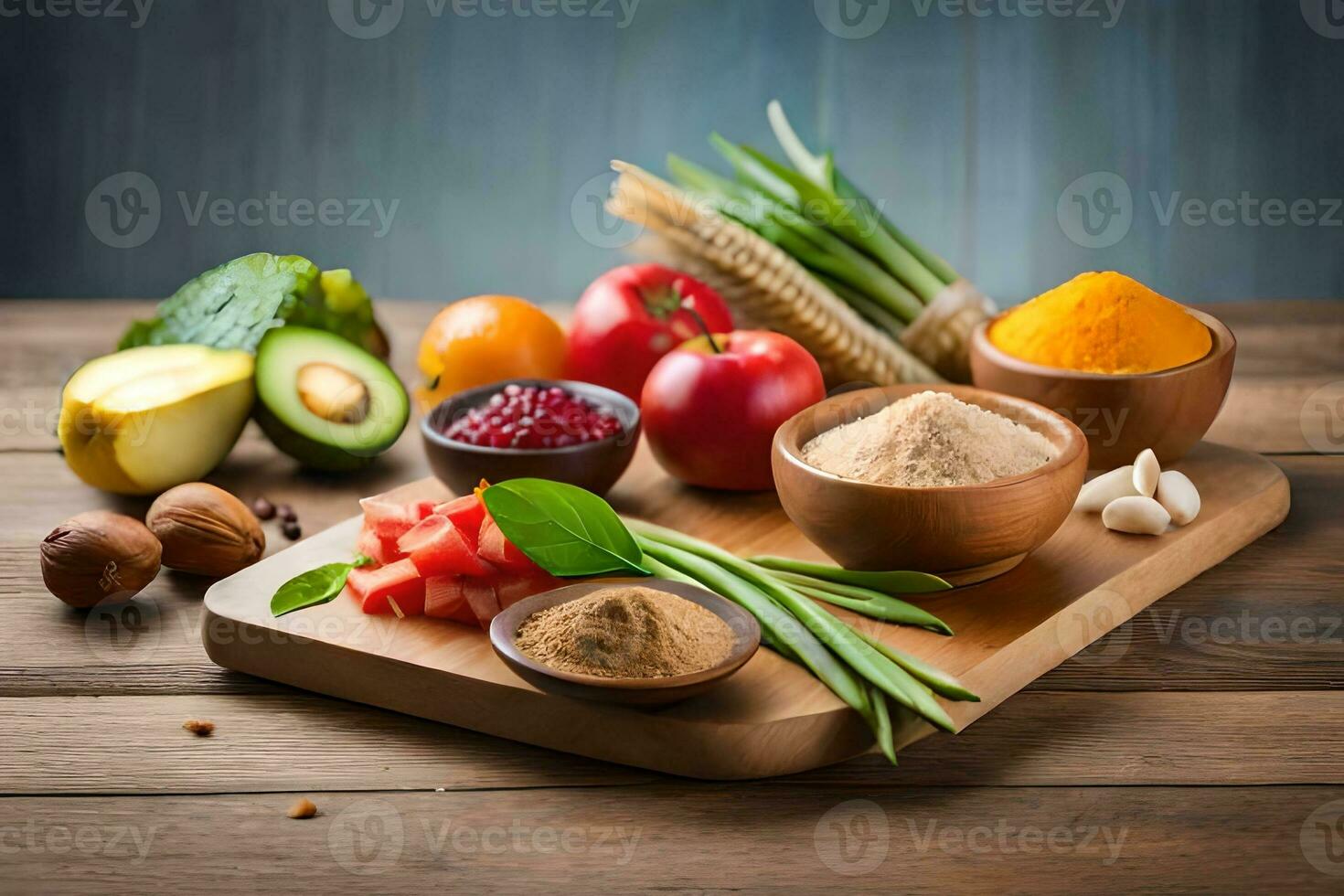 various fruits and vegetables on a cutting board. AI-Generated photo