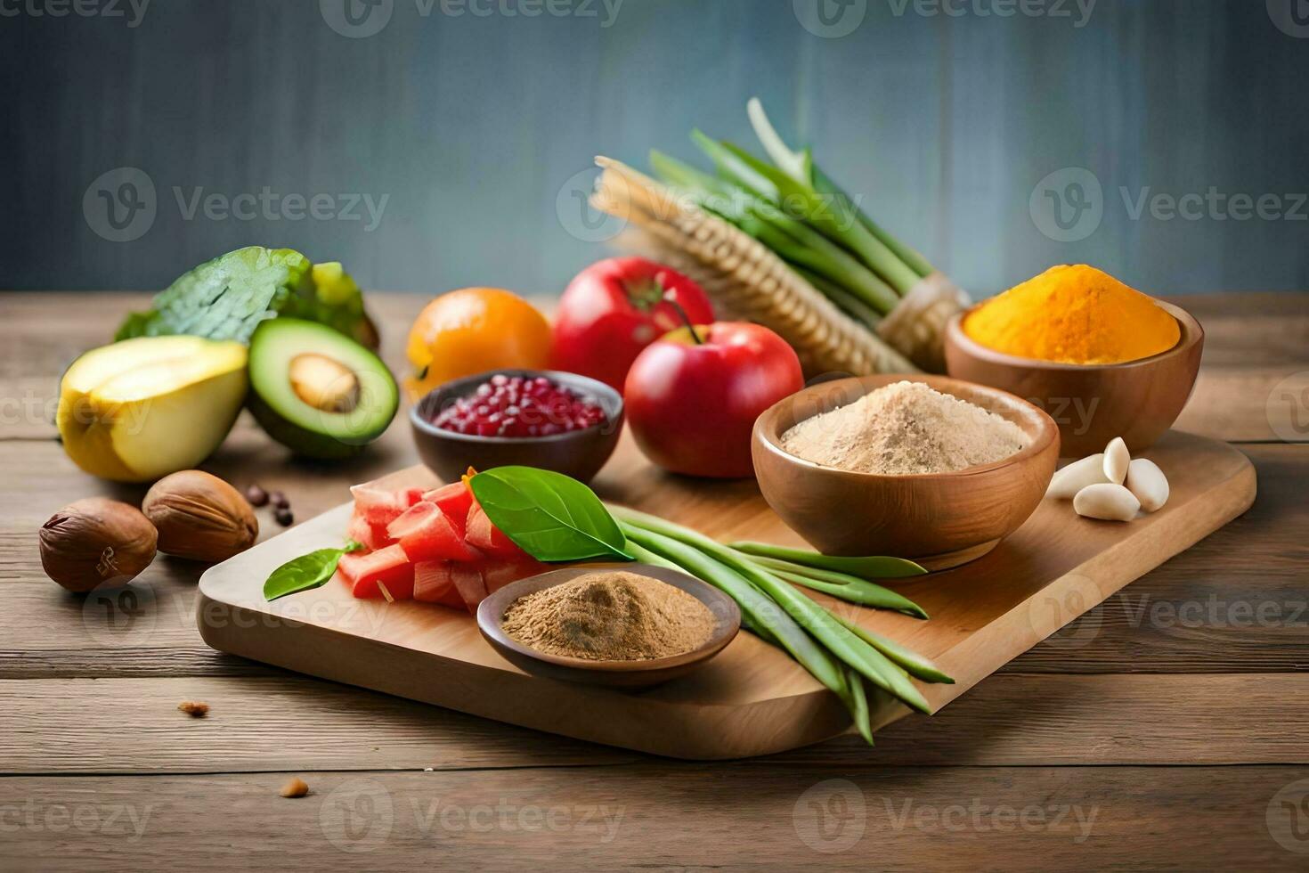 varios frutas y vegetales en un corte tablero. generado por ai foto