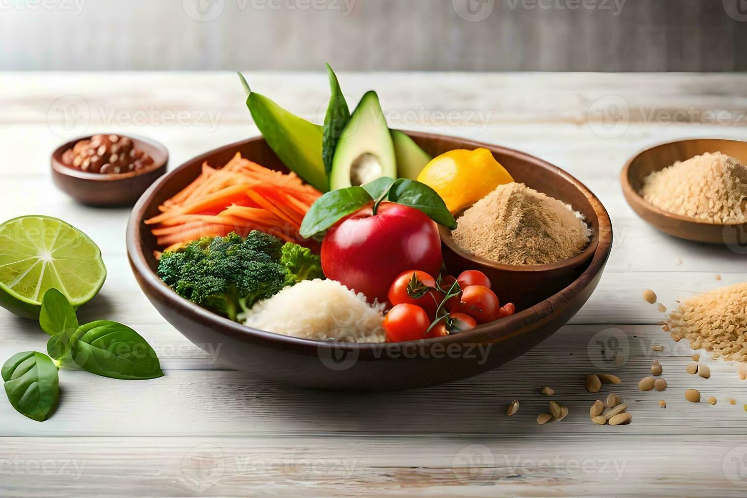 a bowl of vegetables and grains on a wooden table. AI-Generated photo