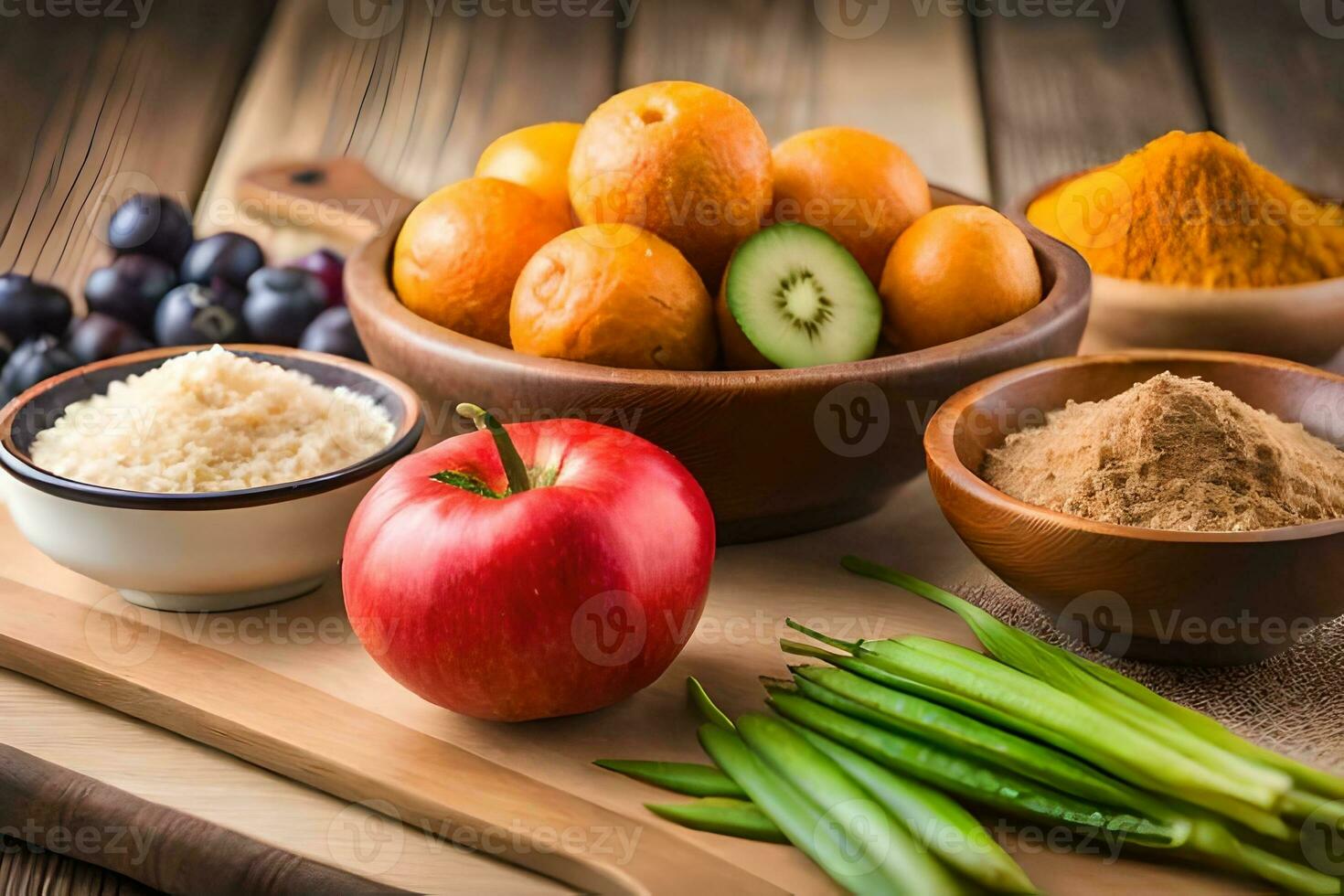 various fruits and vegetables on a wooden table. AI-Generated photo