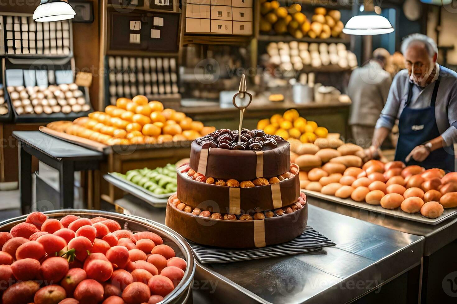 a man is standing in front of a cake in a bakery. AI-Generated photo