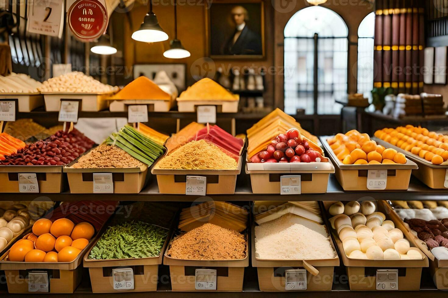 un monitor de frutas y vegetales en un almacenar. generado por ai foto