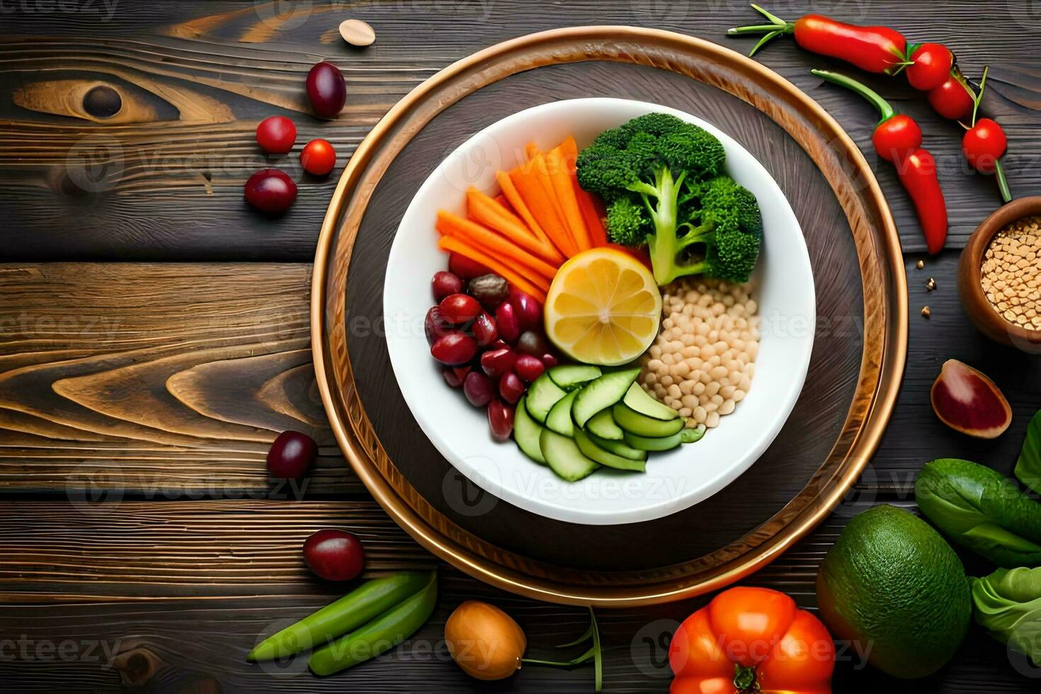 a bowl of vegetables and grains on a wooden table. AI-Generated photo