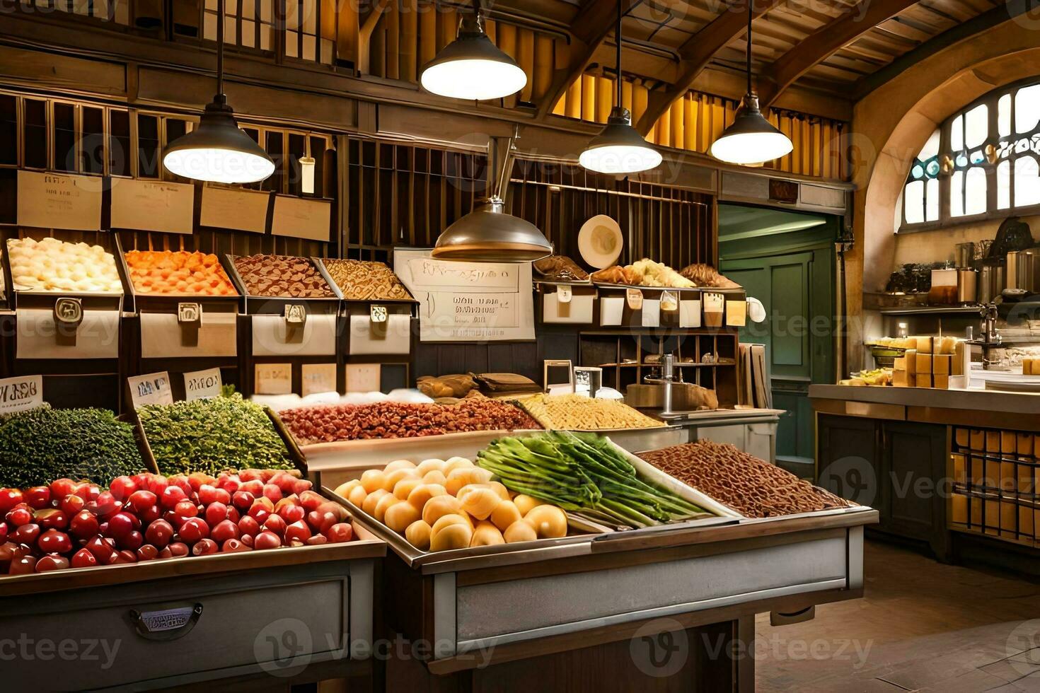 un grande tienda de comestibles Tienda con un montón de Fresco producir. generado por ai foto