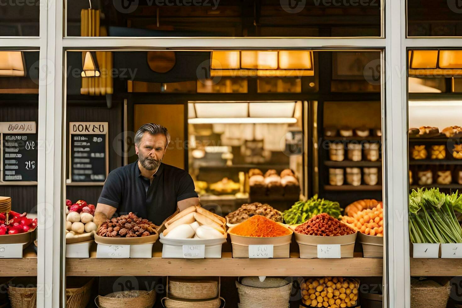 un hombre es en pie en frente de un Tienda con un variedad de frutas y vegetales. generado por ai foto