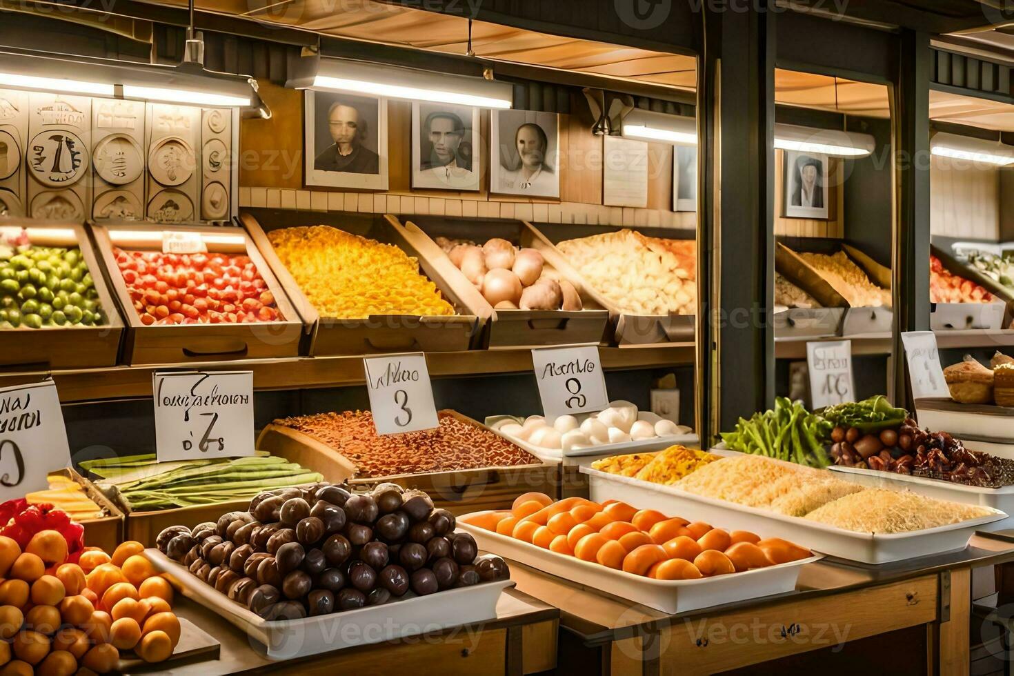 un Fruta y vegetal mercado con muchos diferente tipos de frutas y vegetales. generado por ai foto