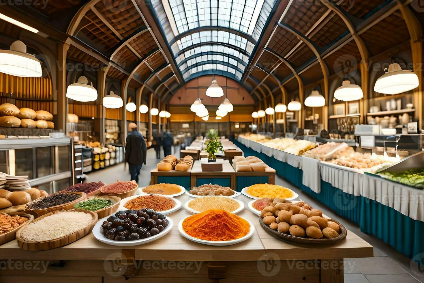 un grande mercado con un montón de comida en mostrar. generado por ai foto