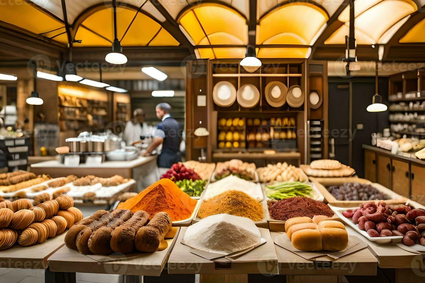 a bakery with lots of bread and other food. AI-Generated photo