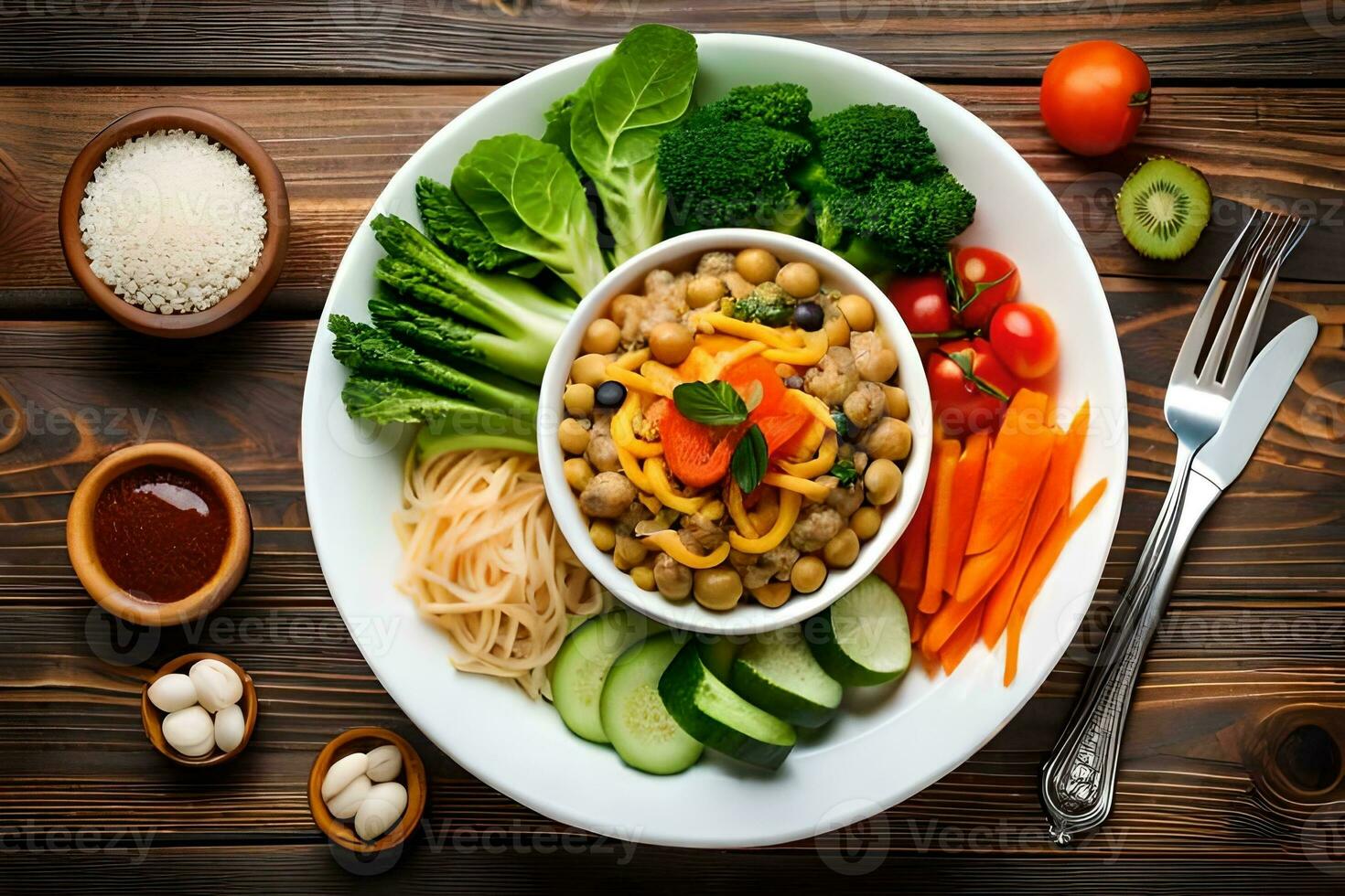 a plate with vegetables, rice and beans on a wooden table. AI-Generated photo