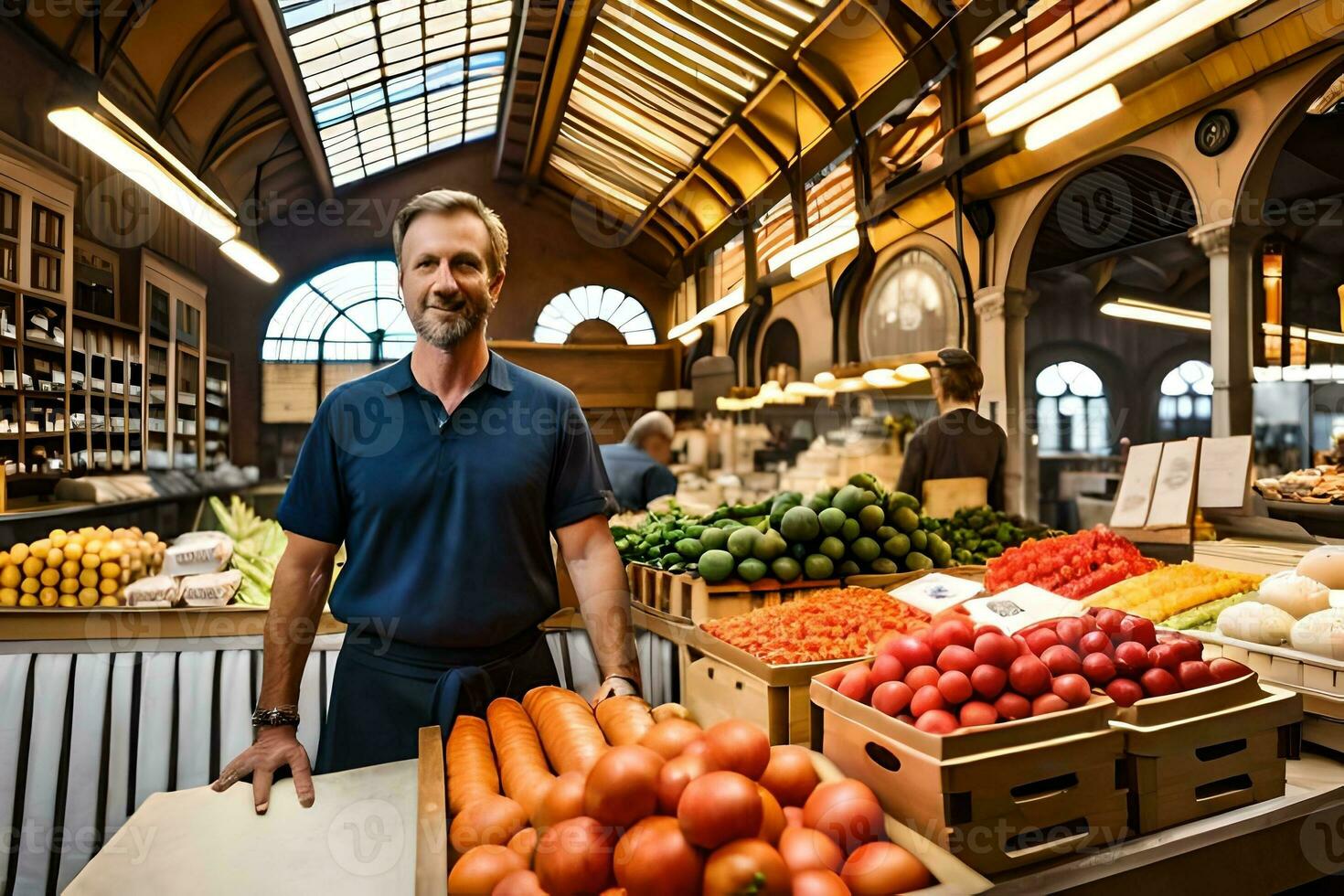 a man standing in a market with a variety of vegetables. AI-Generated photo