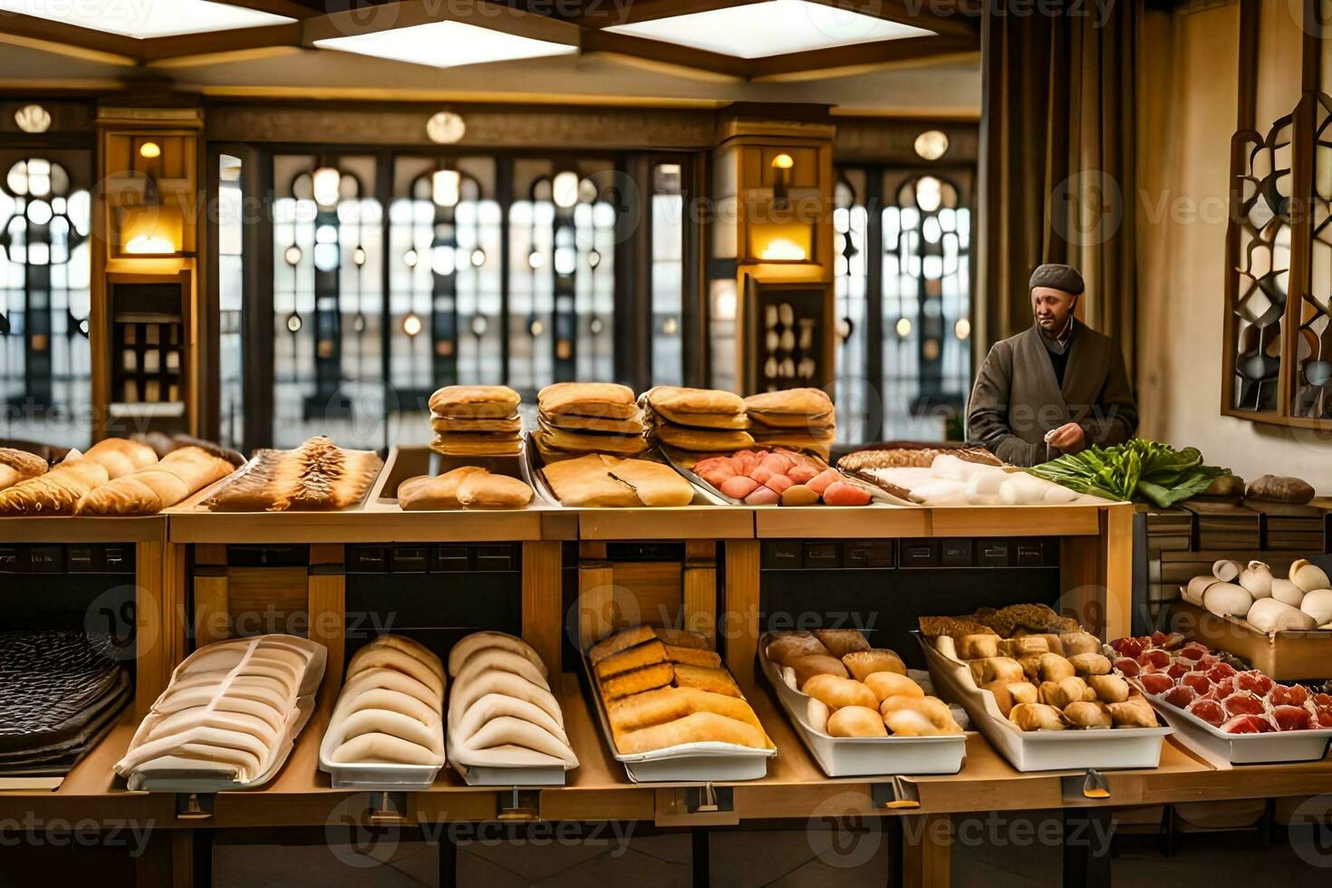 a man standing in front of a bakery with lots of breads. AI-Generated photo