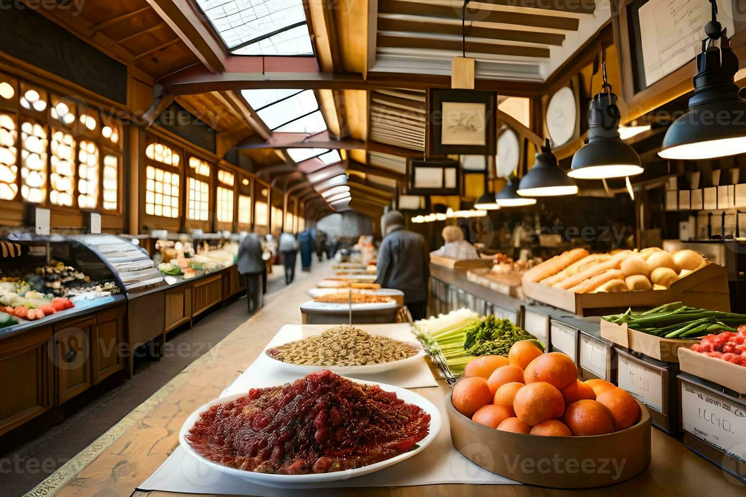 a long counter with lots of food and fruit. AI-Generated photo