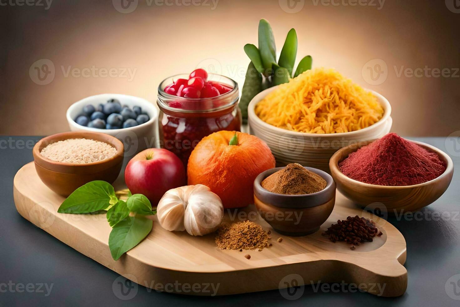various fruits and vegetables on a cutting board. AI-Generated photo