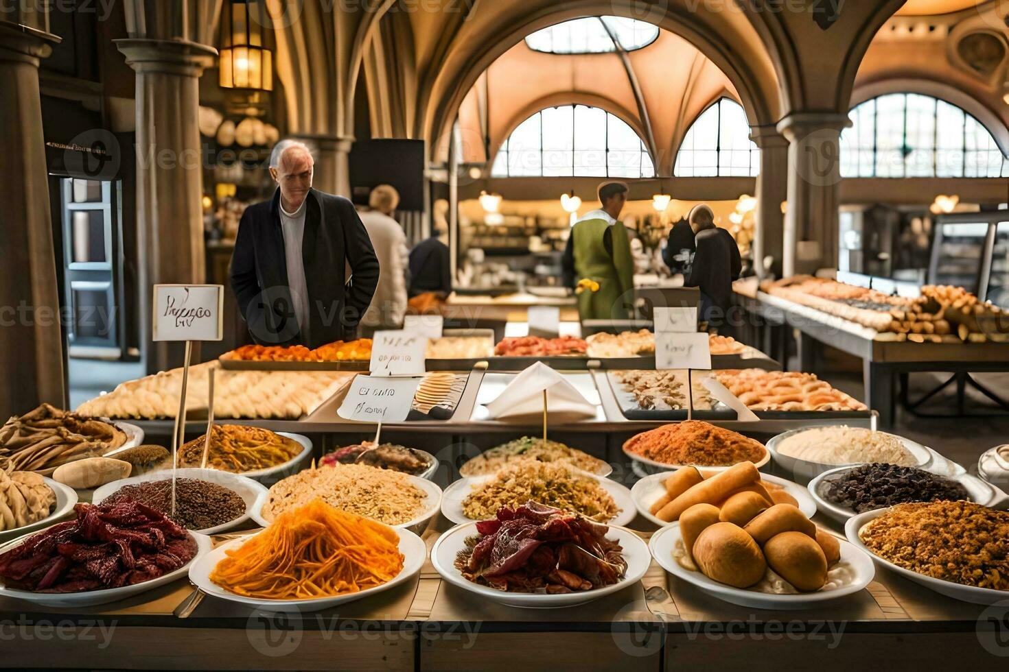 a man is standing in front of a display of food. AI-Generated photo