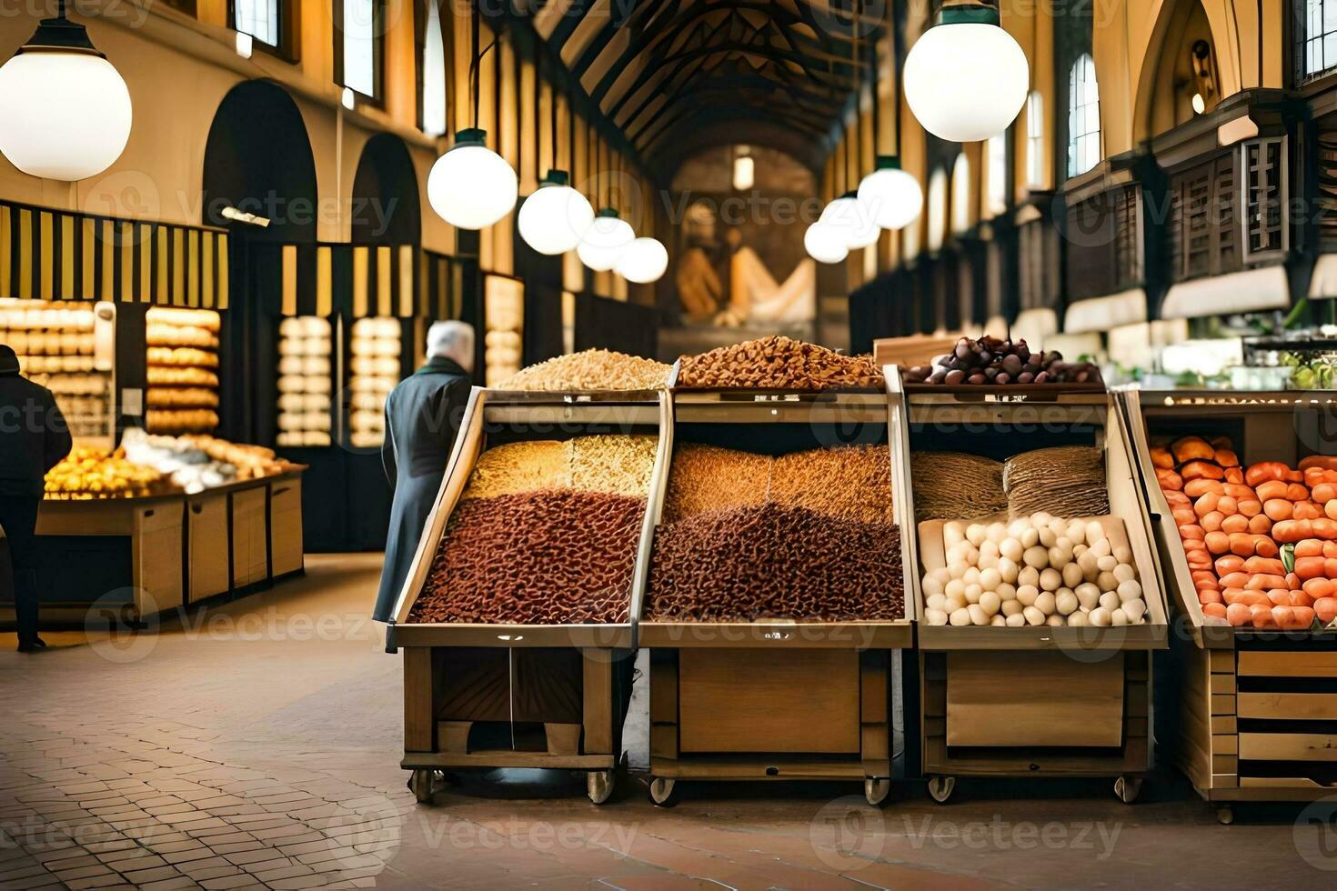 a market with lots of different types of food. AI-Generated photo