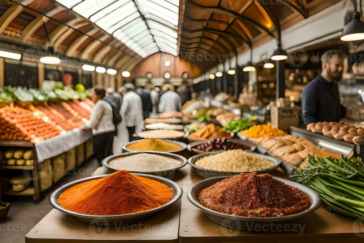 a market with many bowls of spices and vegetables. AI-Generated photo