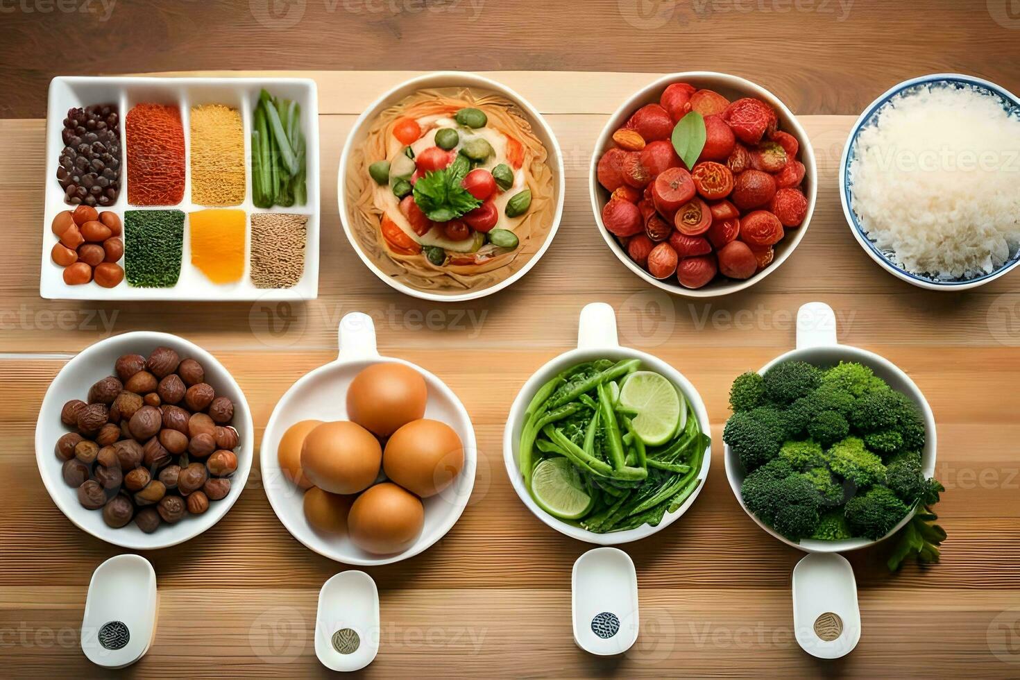 a variety of different foods in bowls on a table. AI-Generated photo