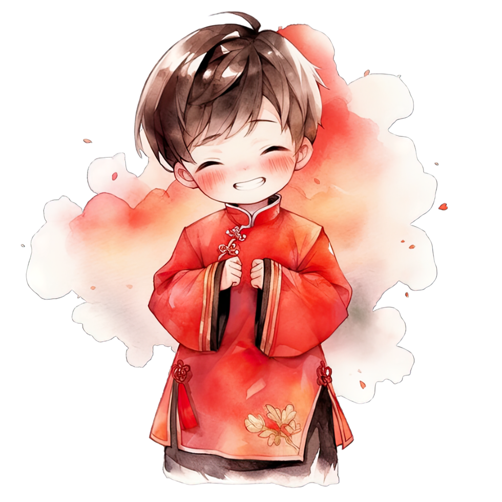 Boy wears a traditional red outfit during Chinese New Year, Ai generative png