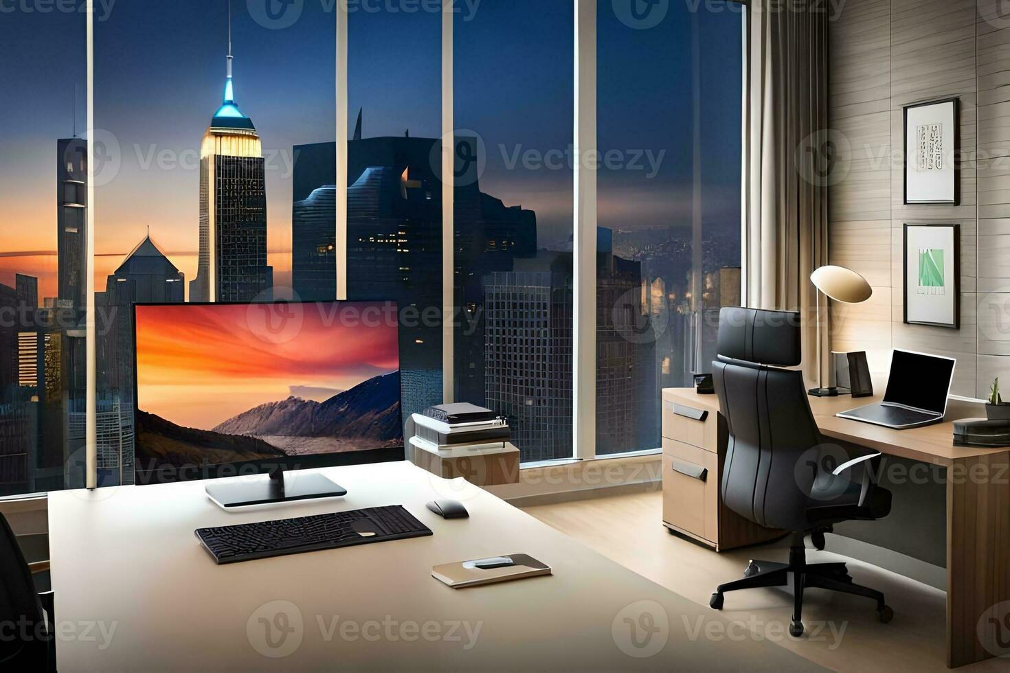 a desk with a computer and a monitor in front of a city skyline. AI