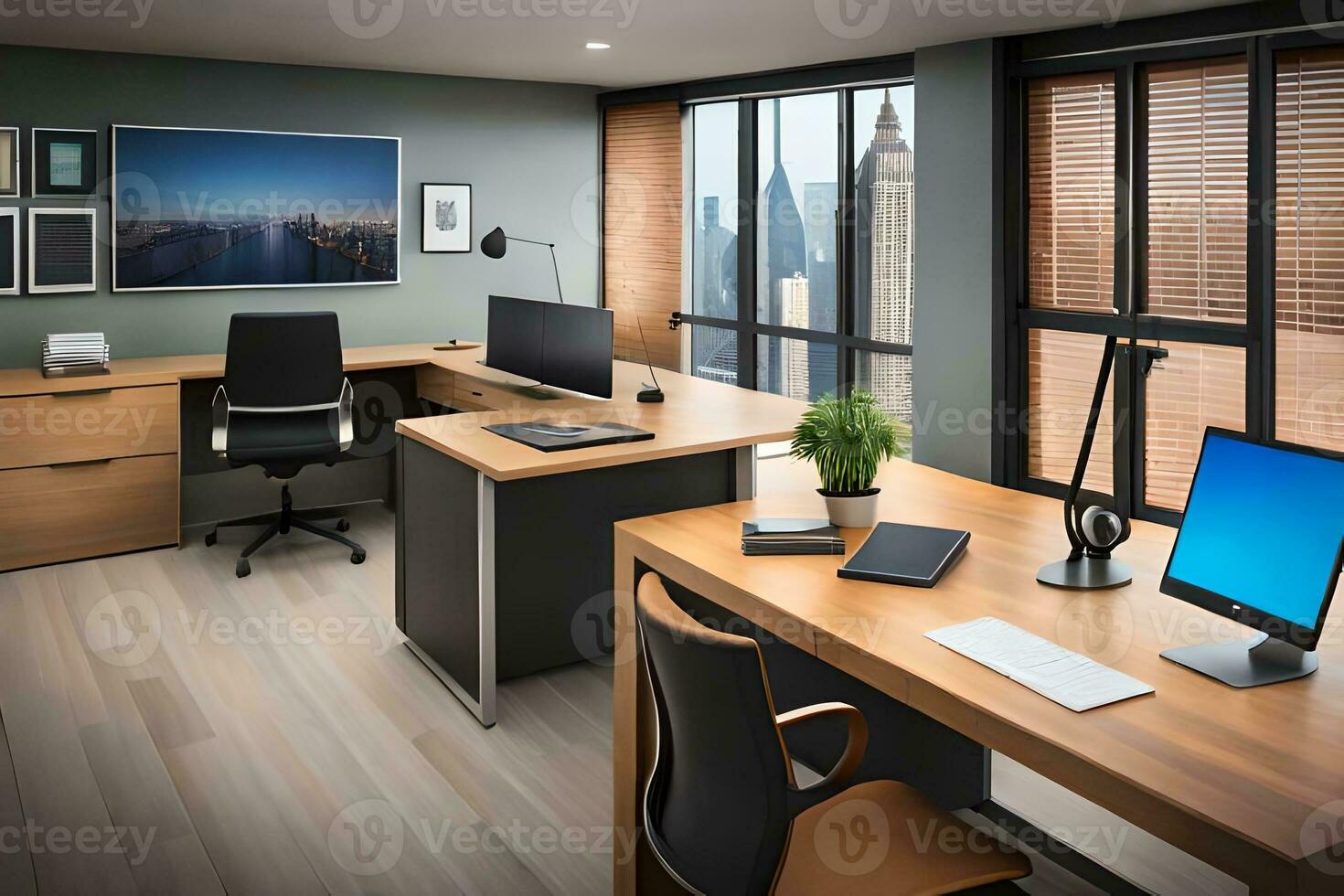 a modern office with a desk, chair and computer. AI-Generated photo