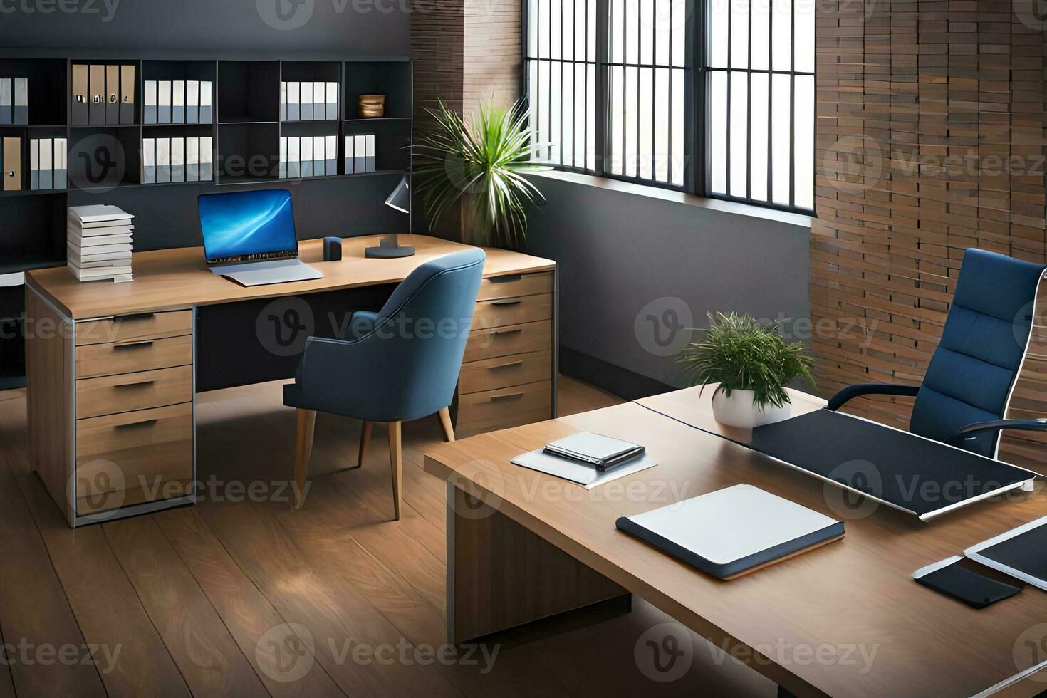 an office with a desk, chair and computer. AI-Generated photo