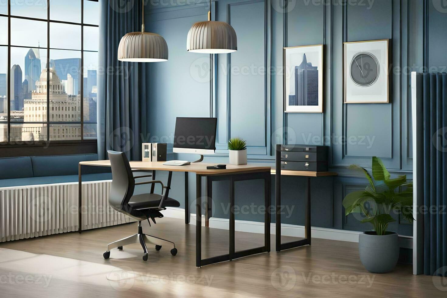 a home office with blue walls and a desk. AI-Generated photo