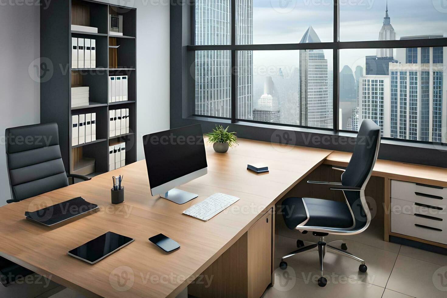 office interior with desk and chair in front of window. AI-Generated photo