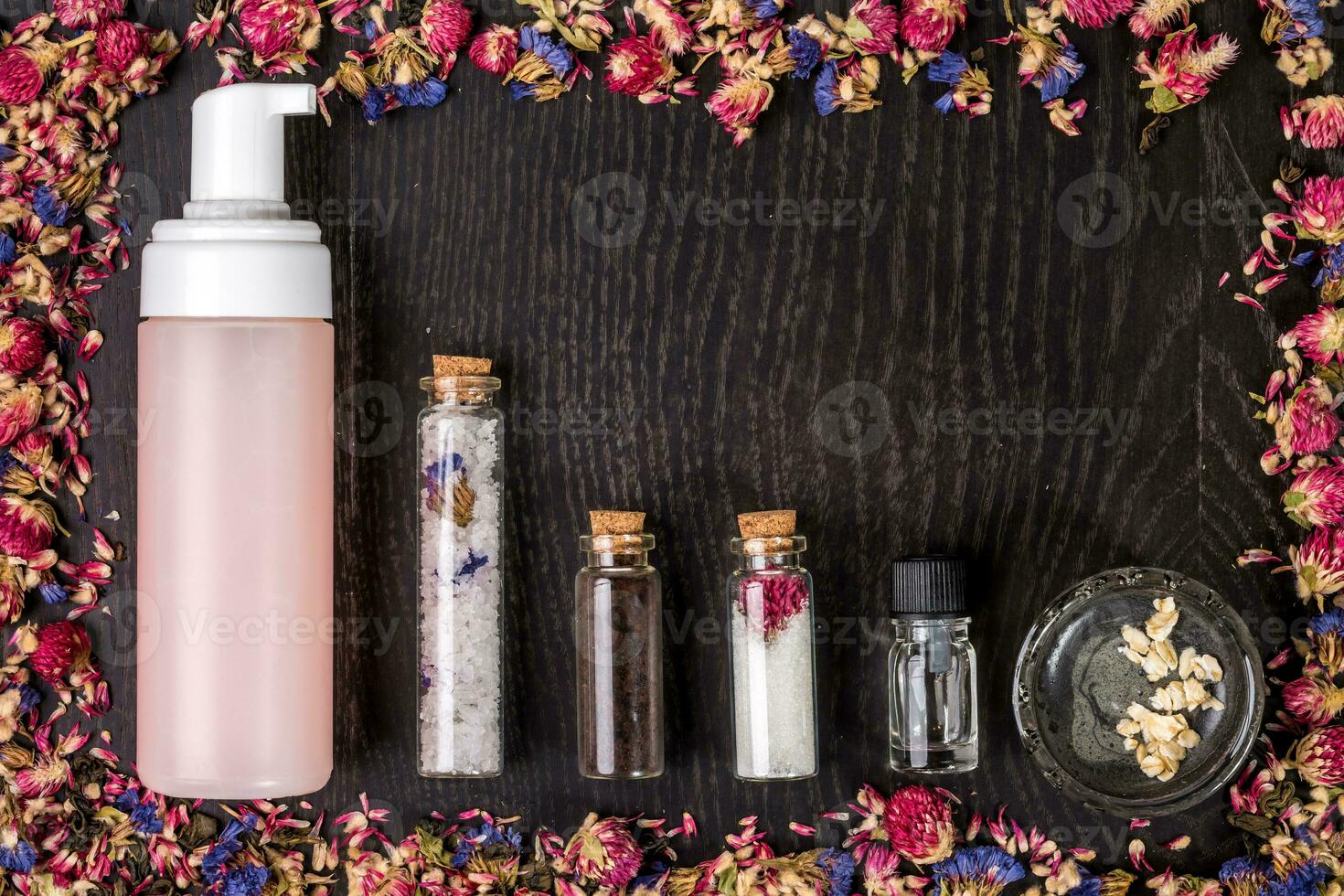 organic cosmetics on wooden background top view photo