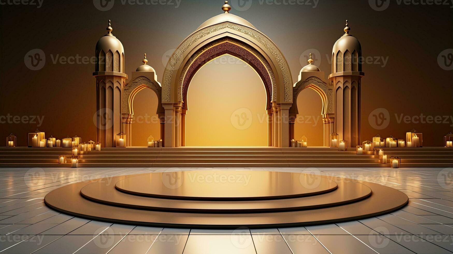 podium background. Ramadan holiday minimalism style . arabic design with shades of beige gold colors. ai generated photo