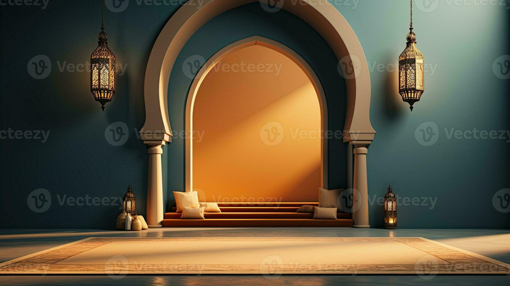 green podium with beige elements in Arabic minimalist style. Podium in the style of Ramadan, Eid Mubarak. AI generated photo