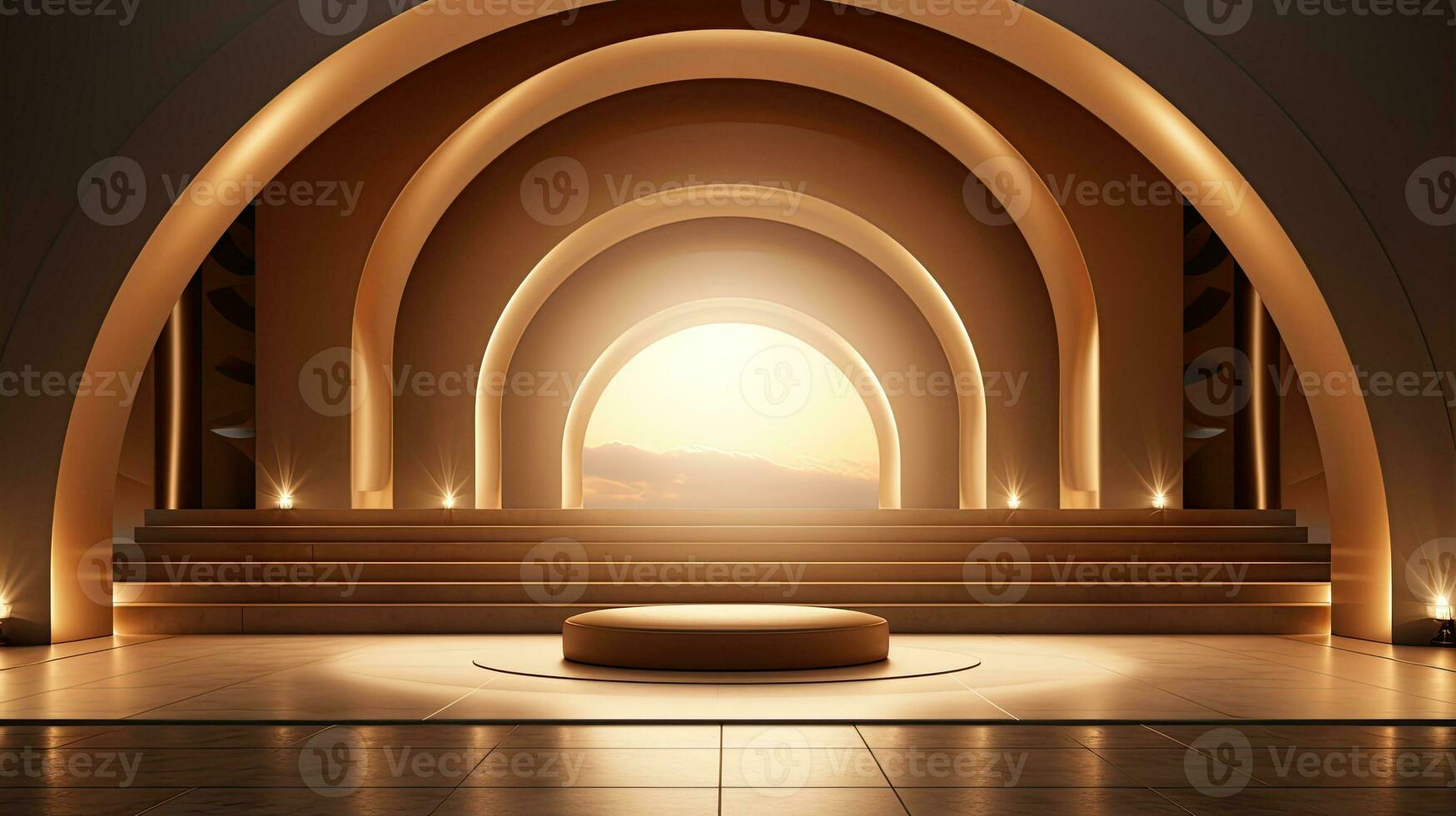 background for the Islamic holiday of Ramadan in a minimalist style, with a podium, with sunlight, in light beige delicate shades and elements of nature. ai generated photo