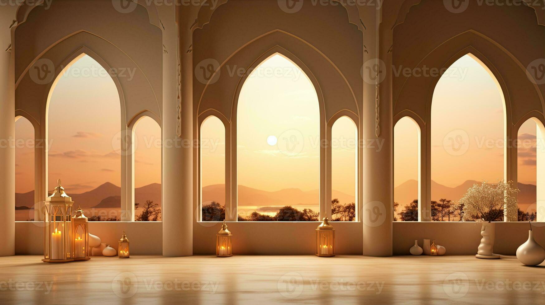 background for the Islamic holiday of Ramadan in a minimalist style, with a podium, with sunlight, in light beige gold delicate shades and elements of nature. ai generated photo