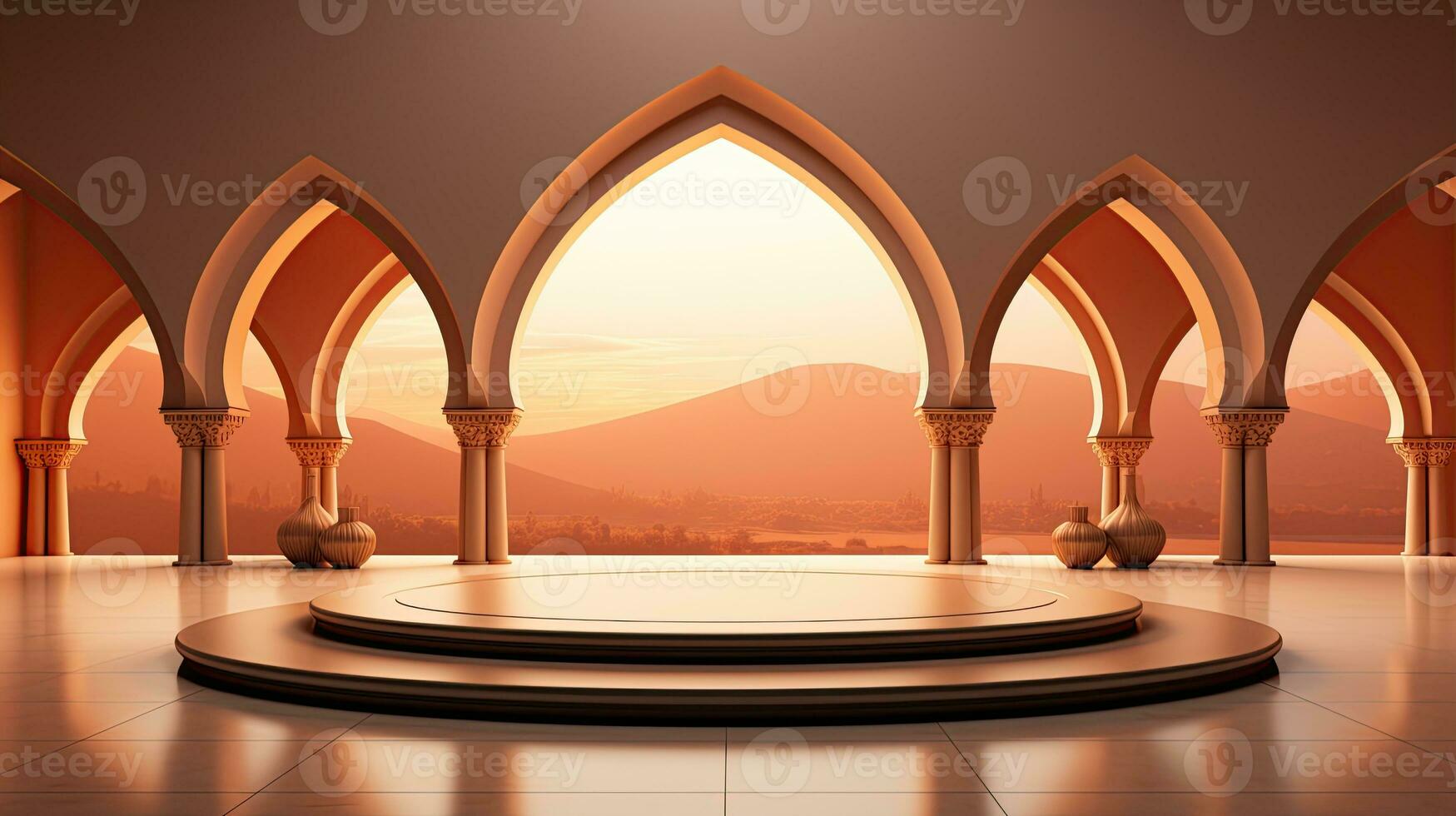 background for the Islamic holiday of Ramadan in a minimalist style, with a podium, with sunlight, in light beige delicate shades and elements of nature. ai generated photo