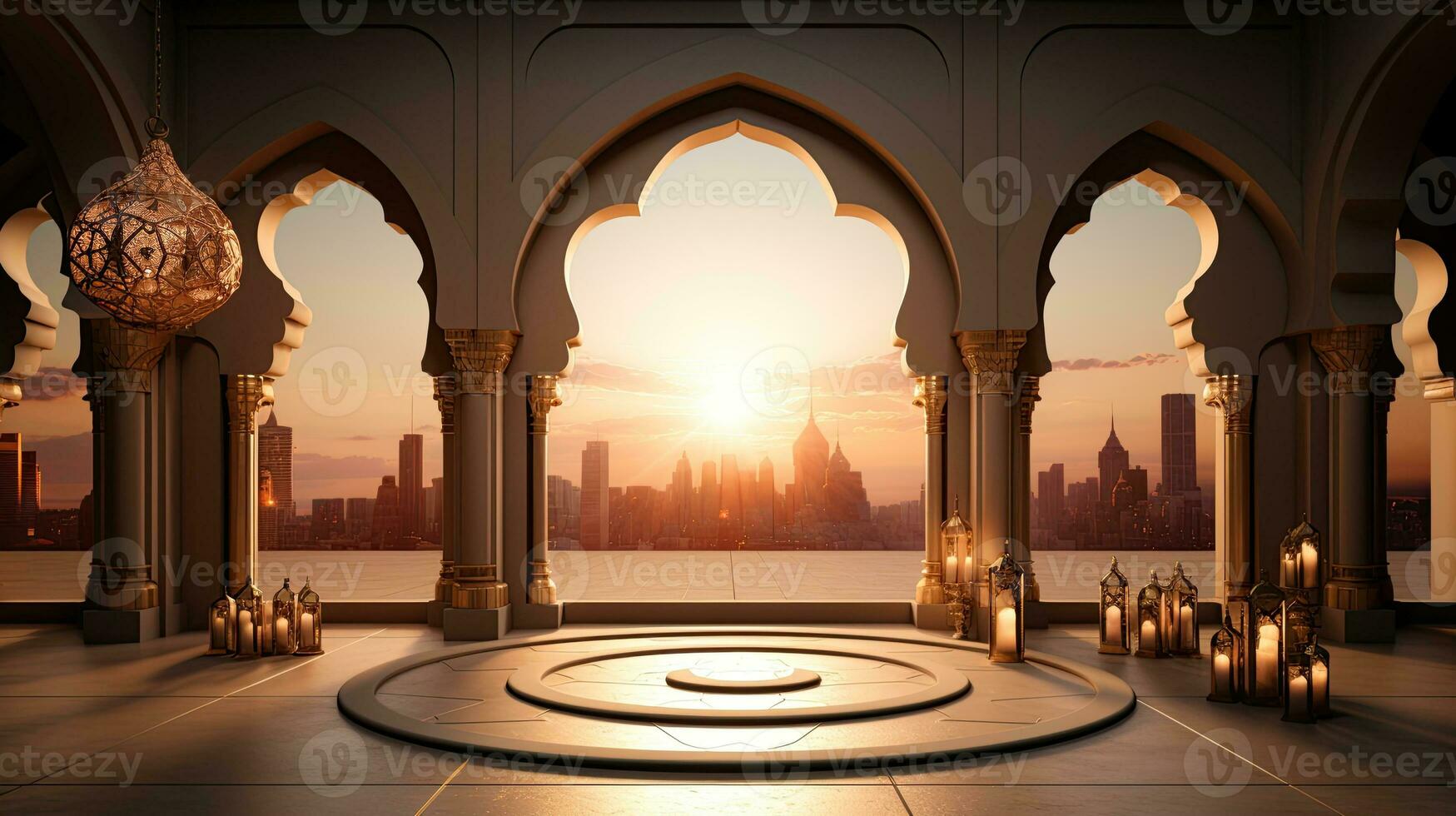 background for the Islamic holiday of Ramadan in a minimalist style, with a podium, with sunlight, in light beige gold delicate shades and elements of nature. ai generated photo