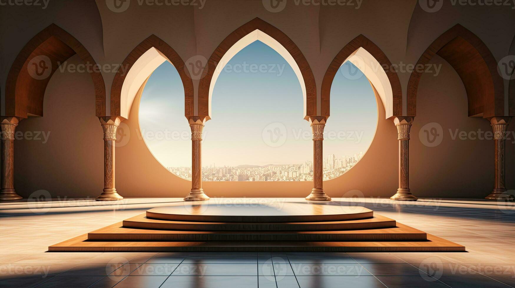 background for the Islamic holiday of Ramadan in a minimalist style, with a podium, with sunlight, in light beige gold delicate shades and elements of nature. ai generated photo
