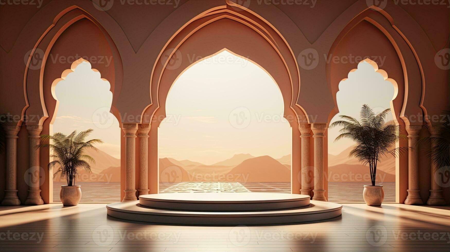 background for the Islamic holiday of Ramadan in a minimalist style, with a podium, with sunlight, in light beige delicate shades and elements of nature. ai generated photo