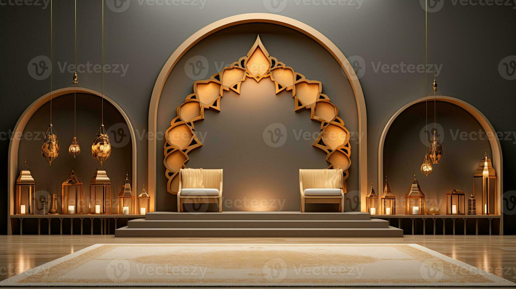 background for the Islamic holiday of Ramadan in a minimalist style, with a podium, with sunlight, in light beige gold delicate shades and elements of nature. ai generated photo