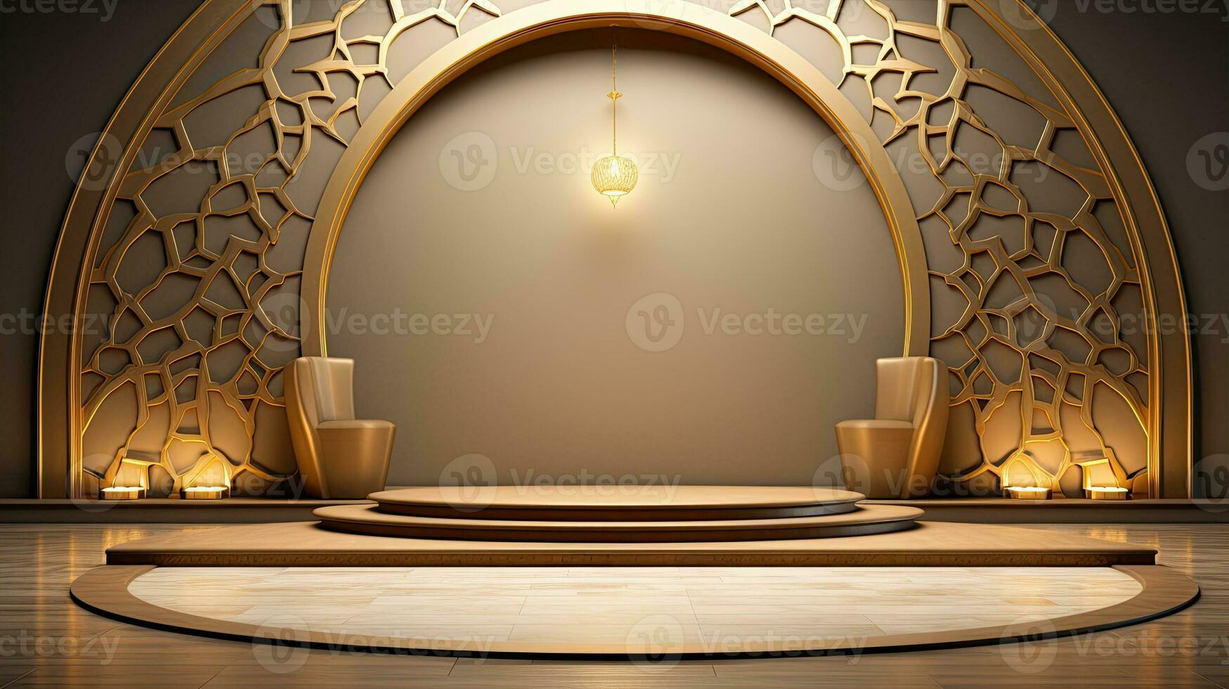 podium background. Ramadan holiday minimalism style . arabic design with shades of beige gold colors. ai generated photo