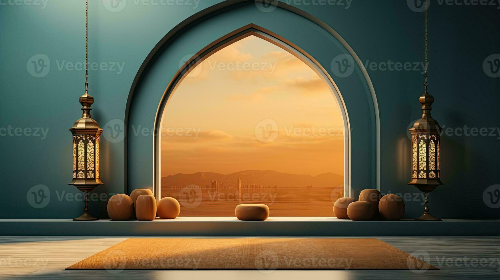 green podium with beige elements in Arabic minimalist style. Podium in the style of Ramadan, Eid Mubarak. AI generated photo