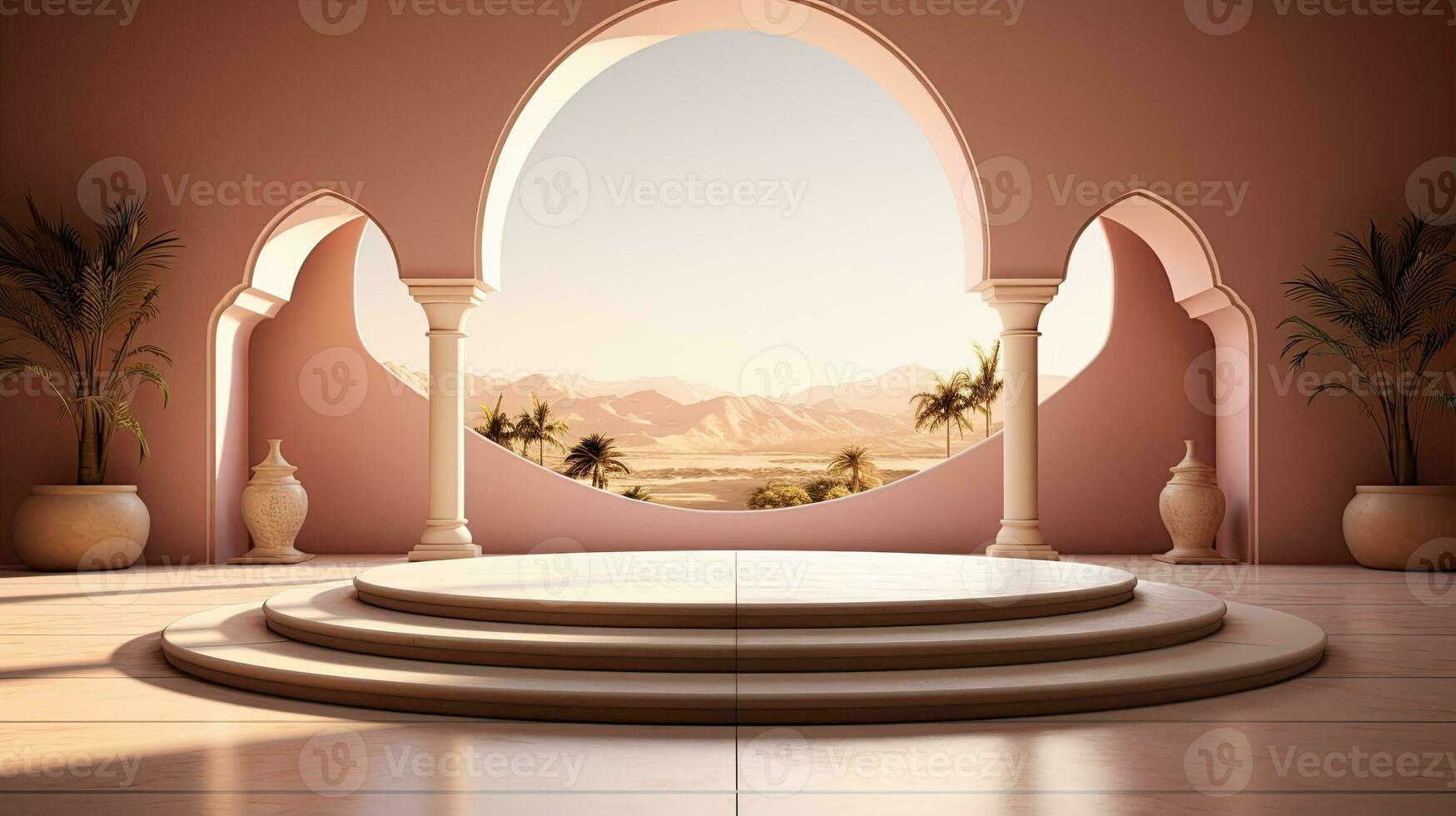 background for the Islamic holiday of Ramadan in a minimalist style, with a podium, with sunlight, in light beige delicate shades and elements of nature. ai generated photo