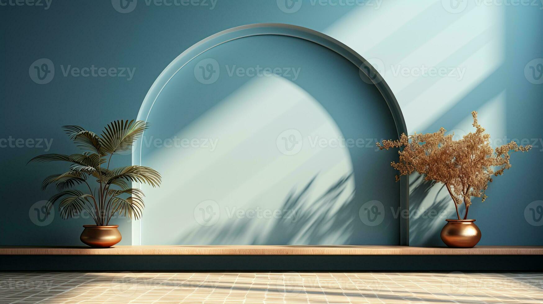 green podium with beige elements in Arabic minimalist style. Podium in the style of Ramadan, Eid Mubarak. AI generated photo