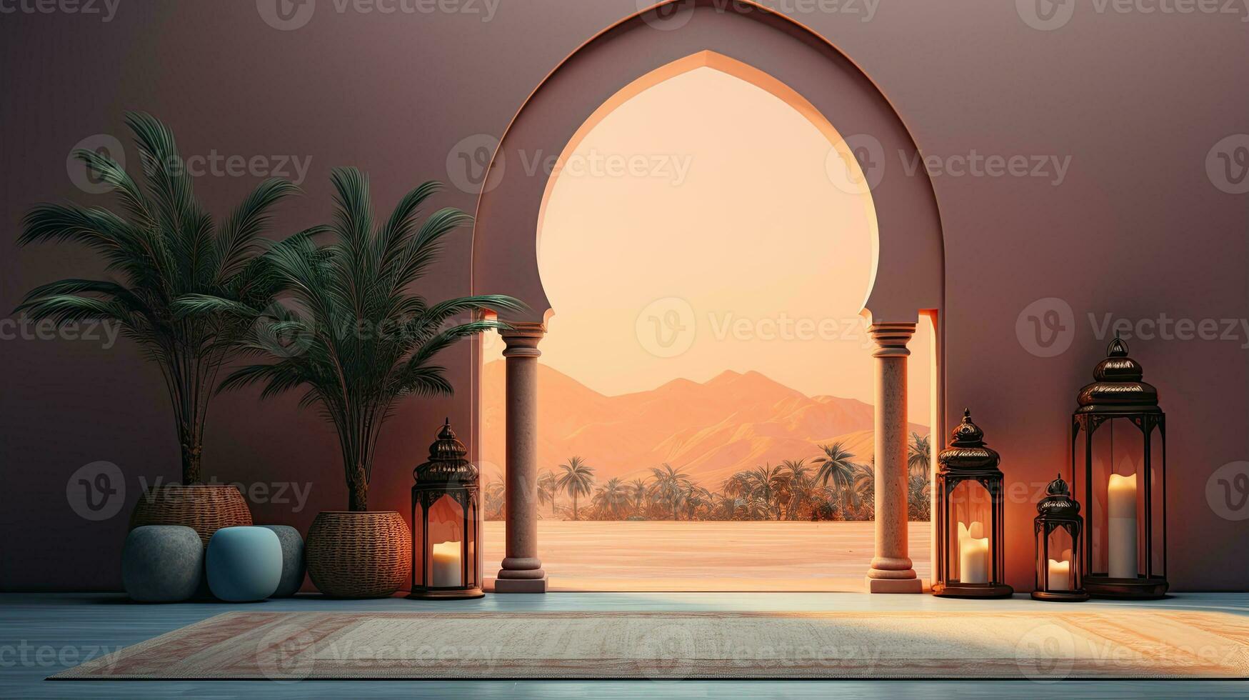 background for the Islamic holiday of Ramadan in a minimalist style, with a podium, with sunlight, in light beige delicate shades and elements of nature. ai generated photo