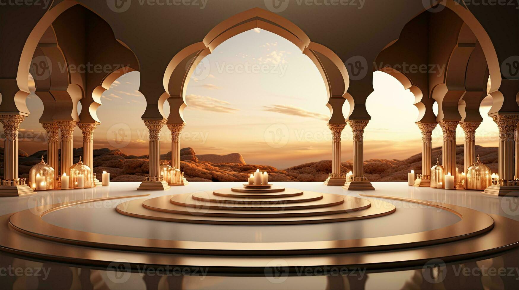 background for the Islamic holiday of Ramadan in a minimalist style, with a podium, with sunlight, in light beige gold delicate shades and elements of nature. ai generated photo