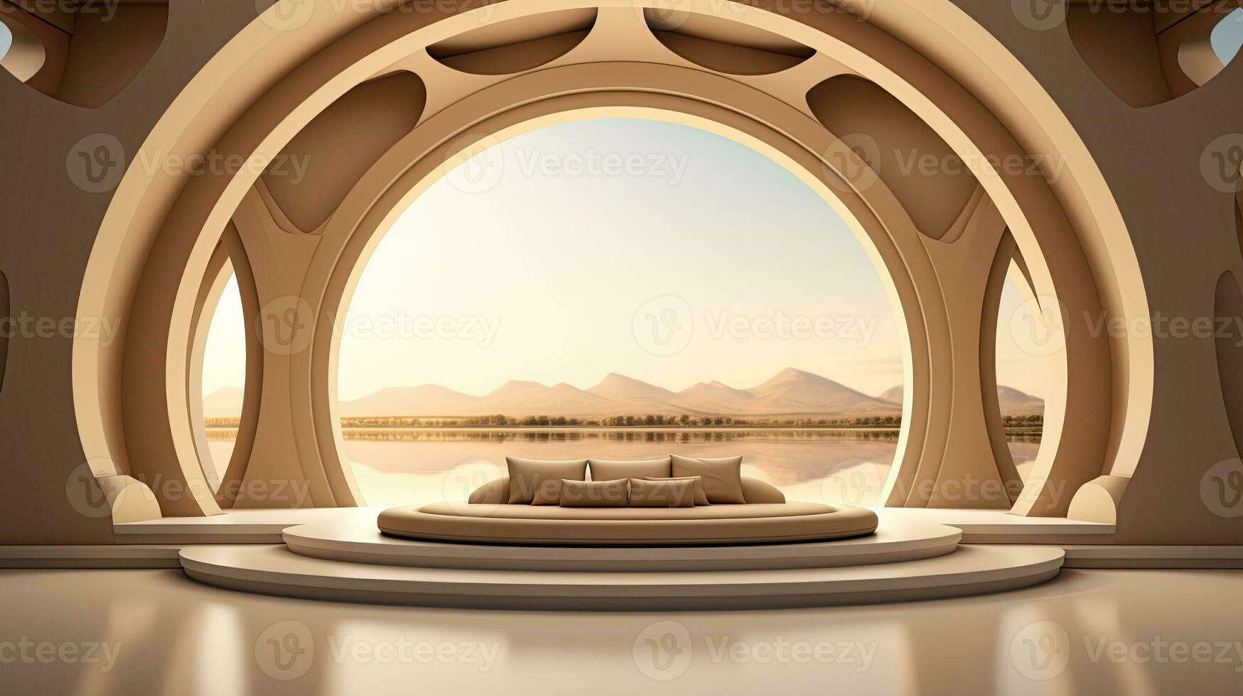 background for the Islamic holiday of Ramadan in a minimalist style, with a podium, with sunlight, in light beige gold delicate shades and elements of nature. ai generated photo