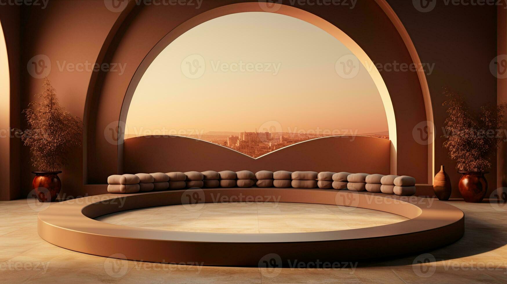 background for the Islamic holiday of Ramadan in a minimalist style, with a podium, with sunlight, in light beige delicate shades and elements of nature. ai generated photo