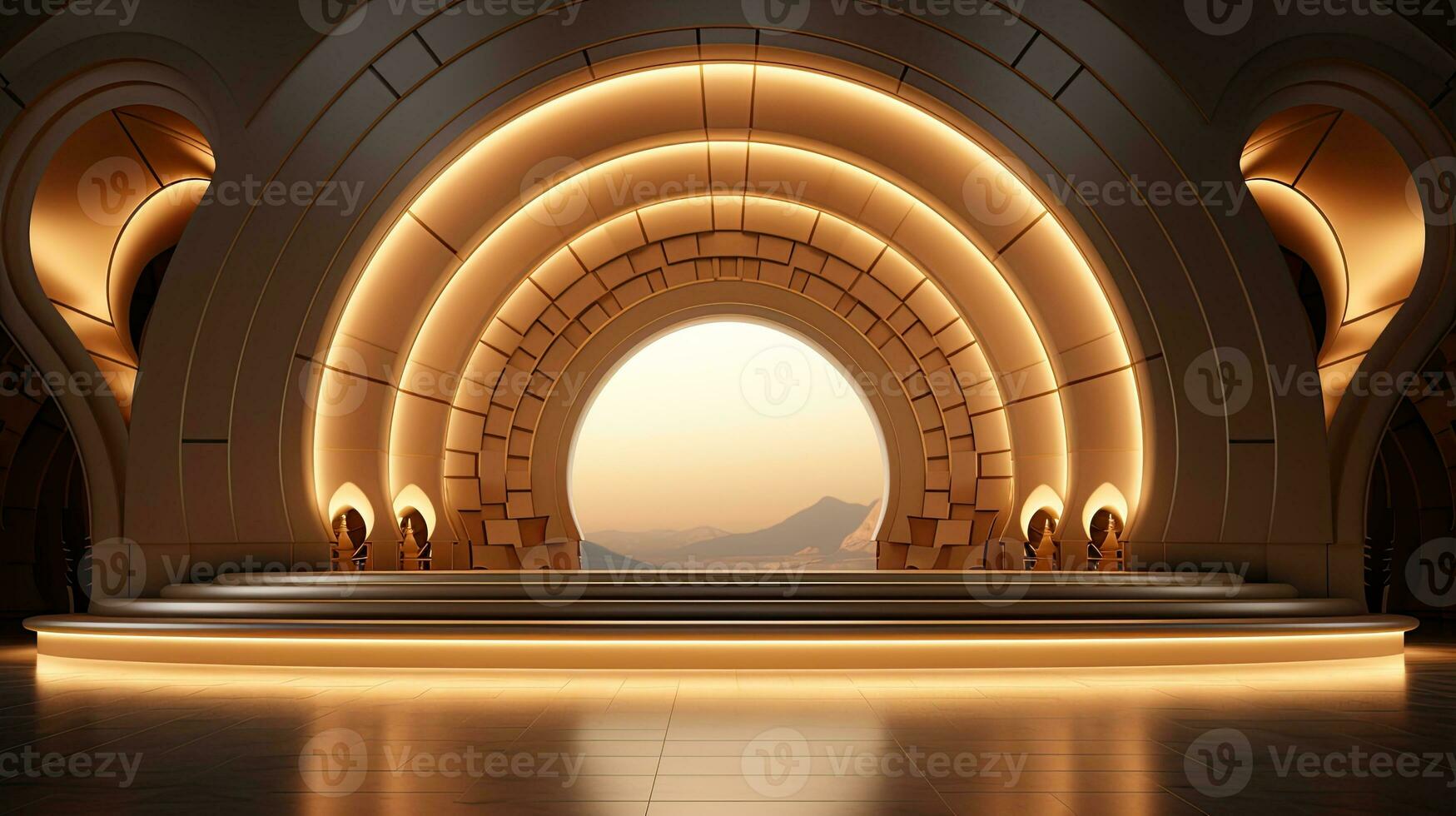 background for the Islamic holiday of Ramadan in a minimalist style, with a podium, with sunlight, in light beige gold delicate shades and elements of nature. ai generated photo
