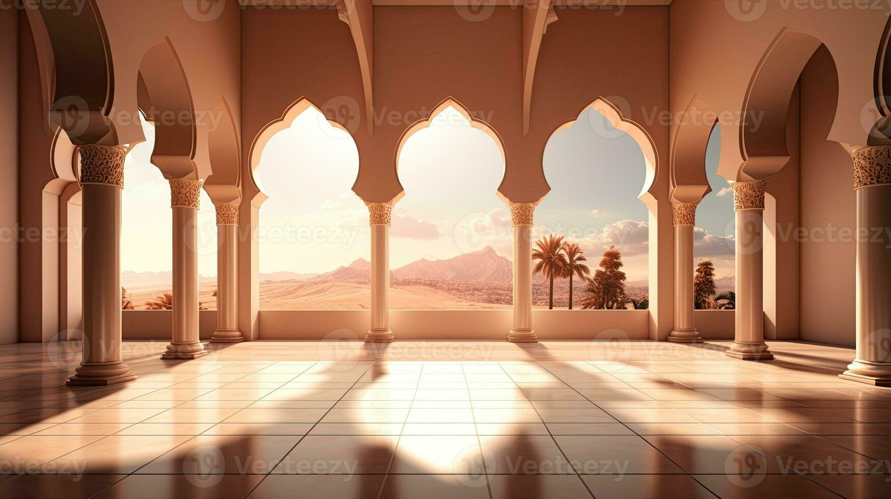 background for the Islamic holiday of Ramadan in a minimalist style, with a podium, with sunlight, in light beige delicate shades and elements of nature. ai generated photo