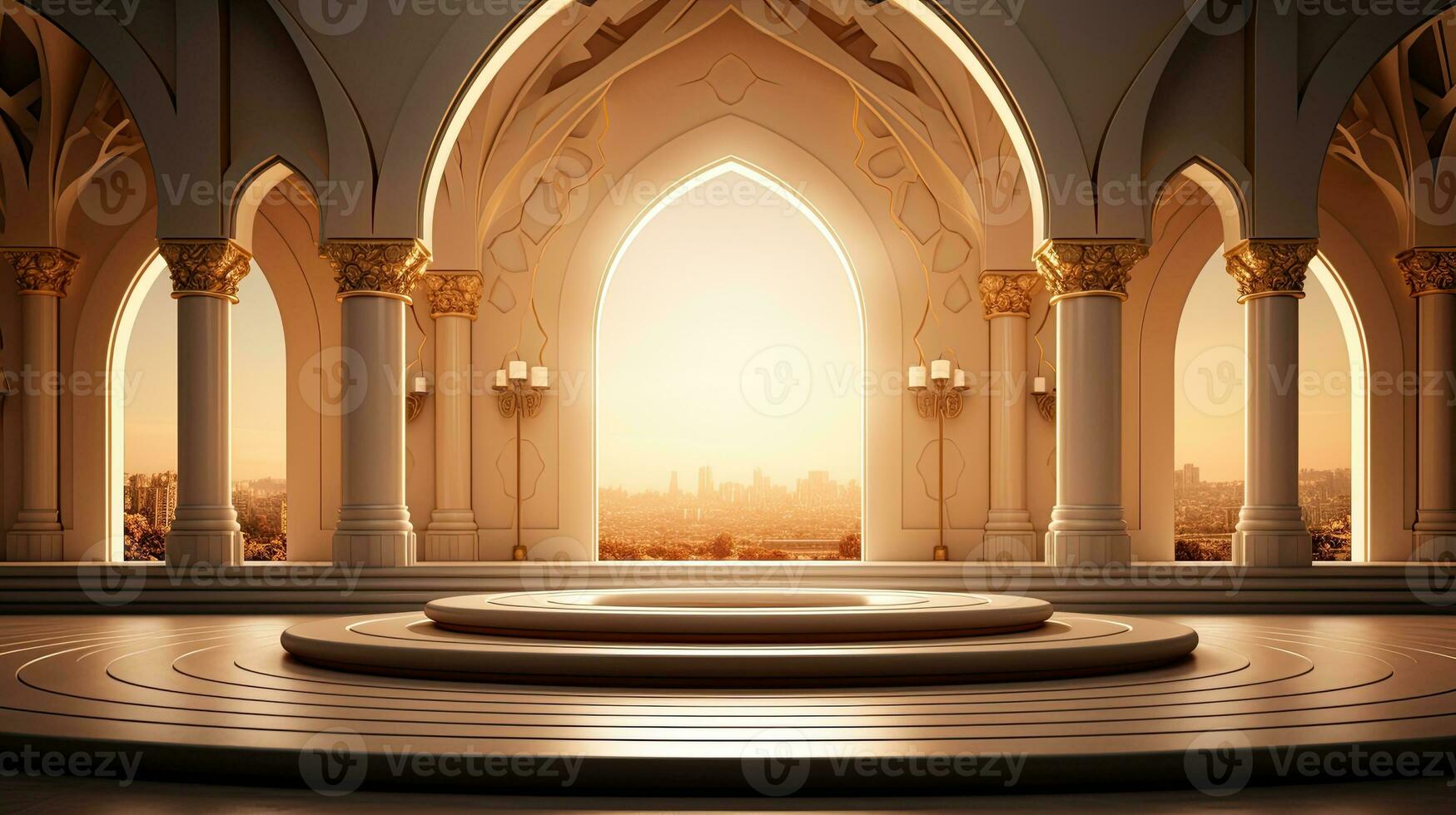 background for the Islamic holiday of Ramadan in a minimalist style, with a podium, with sunlight, in light beige delicate shades and elements of nature. ai generated photo