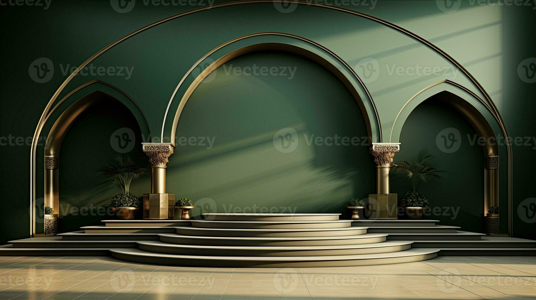 green podium with beige elements in Arabic minimalist style. Podium in the style of Ramadan, Eid Mubarak. AI generated photo