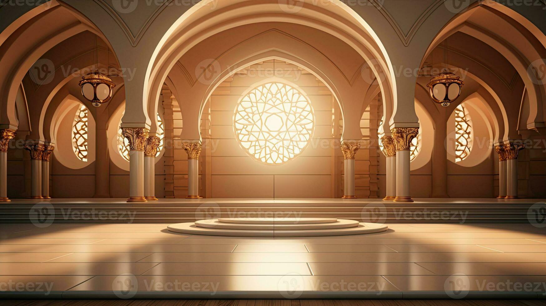 podium background. Ramadan holiday minimalism style . arabic design with shades of beige gold colors. ai generated photo